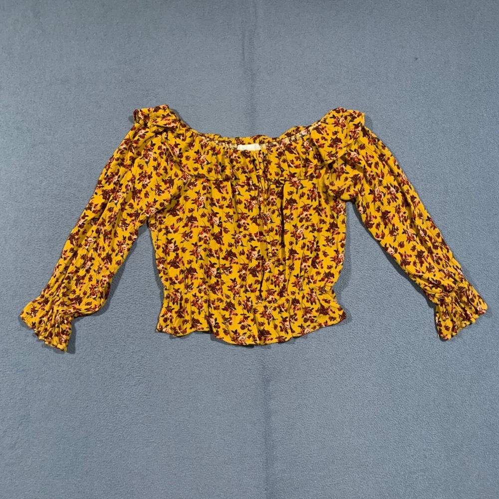 Altar'd State Top Women L Mustard Yellow Floral Smocked Off Shoulder Boho Ruffle